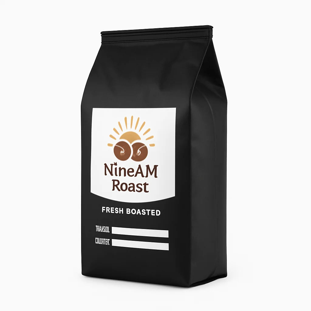 Black coffee bag with NineAM Roast label on a white background