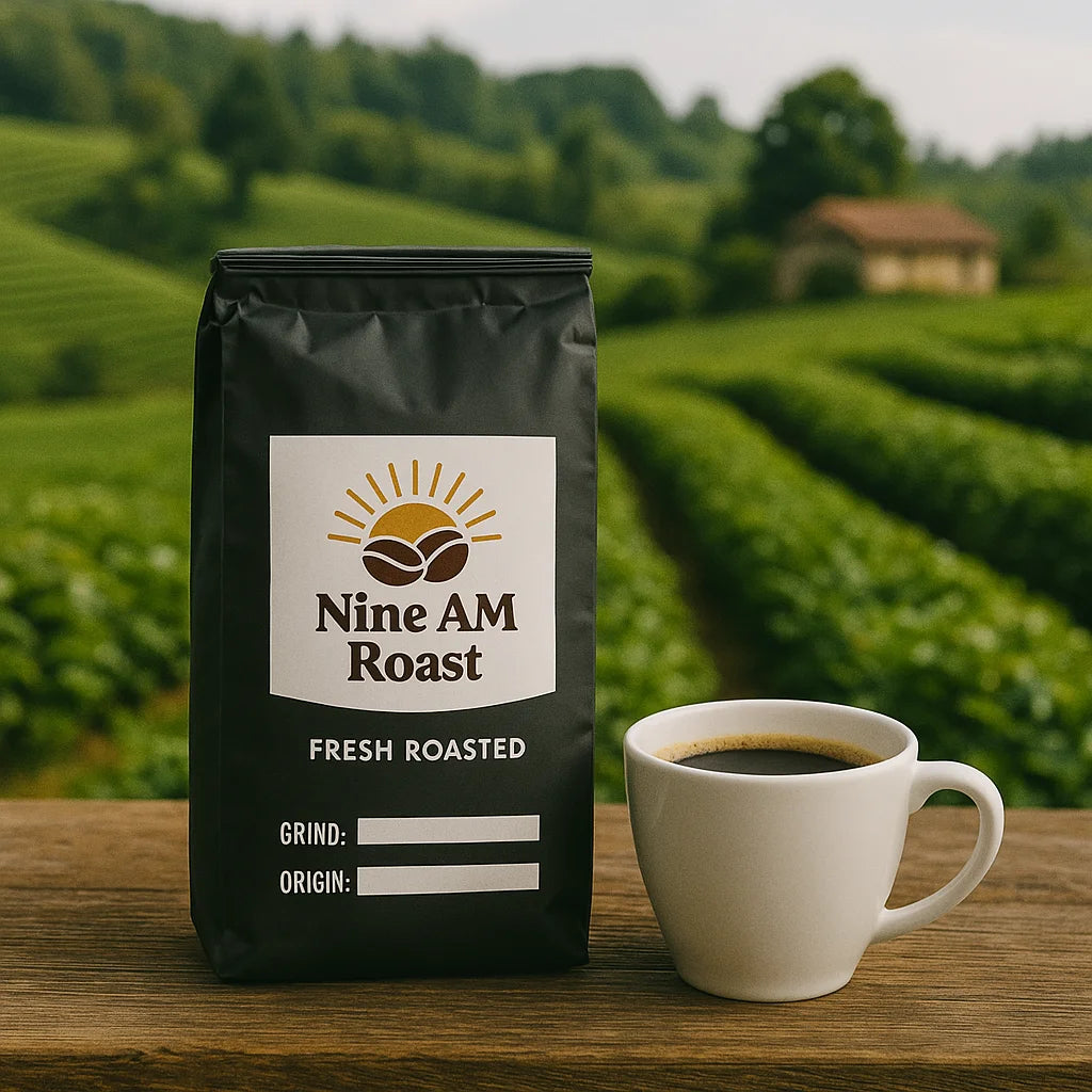 Nine AM Roast coffee bag with a cup of coffee on a wooden surface with a scenic background - NINE AM ROAST