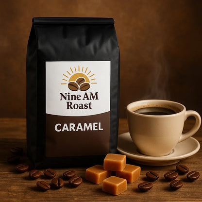 Nine AM Roast Caramel coffee package with a steaming cup of coffee on a wooden surface.