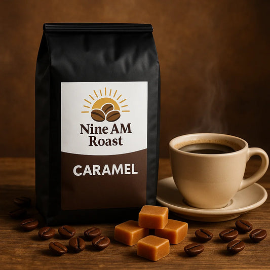 Nine AM Roast Caramel coffee package with a steaming cup of coffee on a wooden surface.