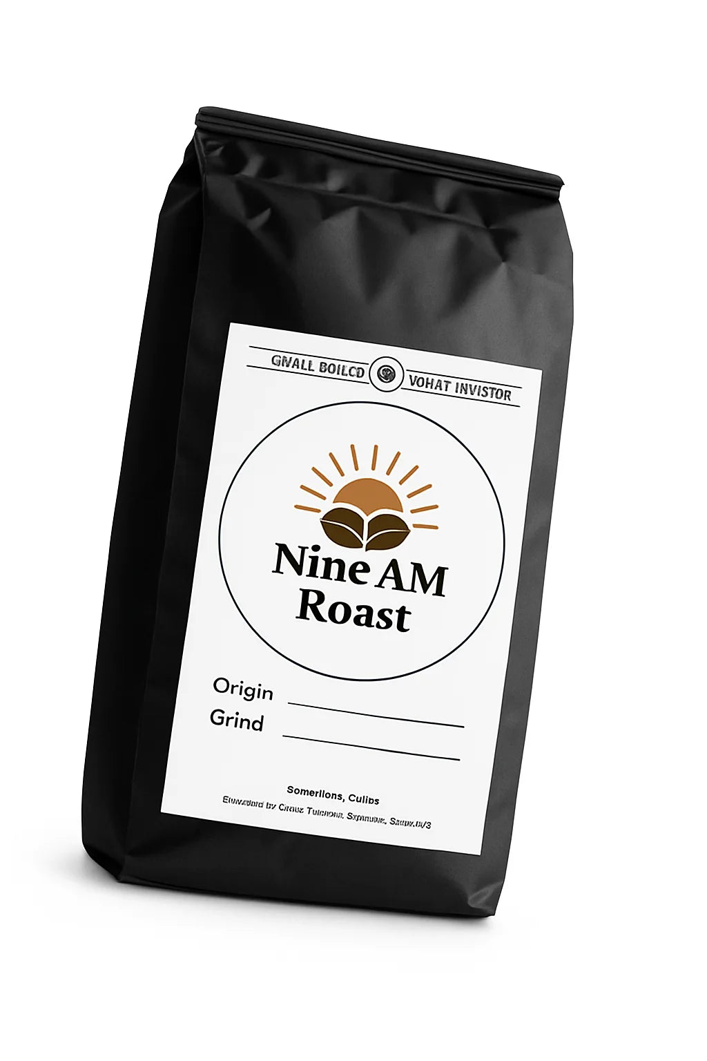 Black coffee bag with 'Nine AM Roast' label on a white background