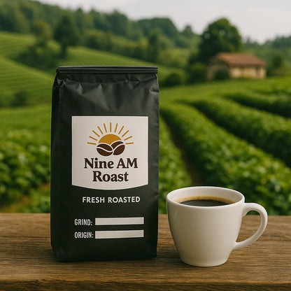 Nine AM Roast coffee bag with a cup of coffee on a wooden surface with a scenic background - NINE AM ROAST