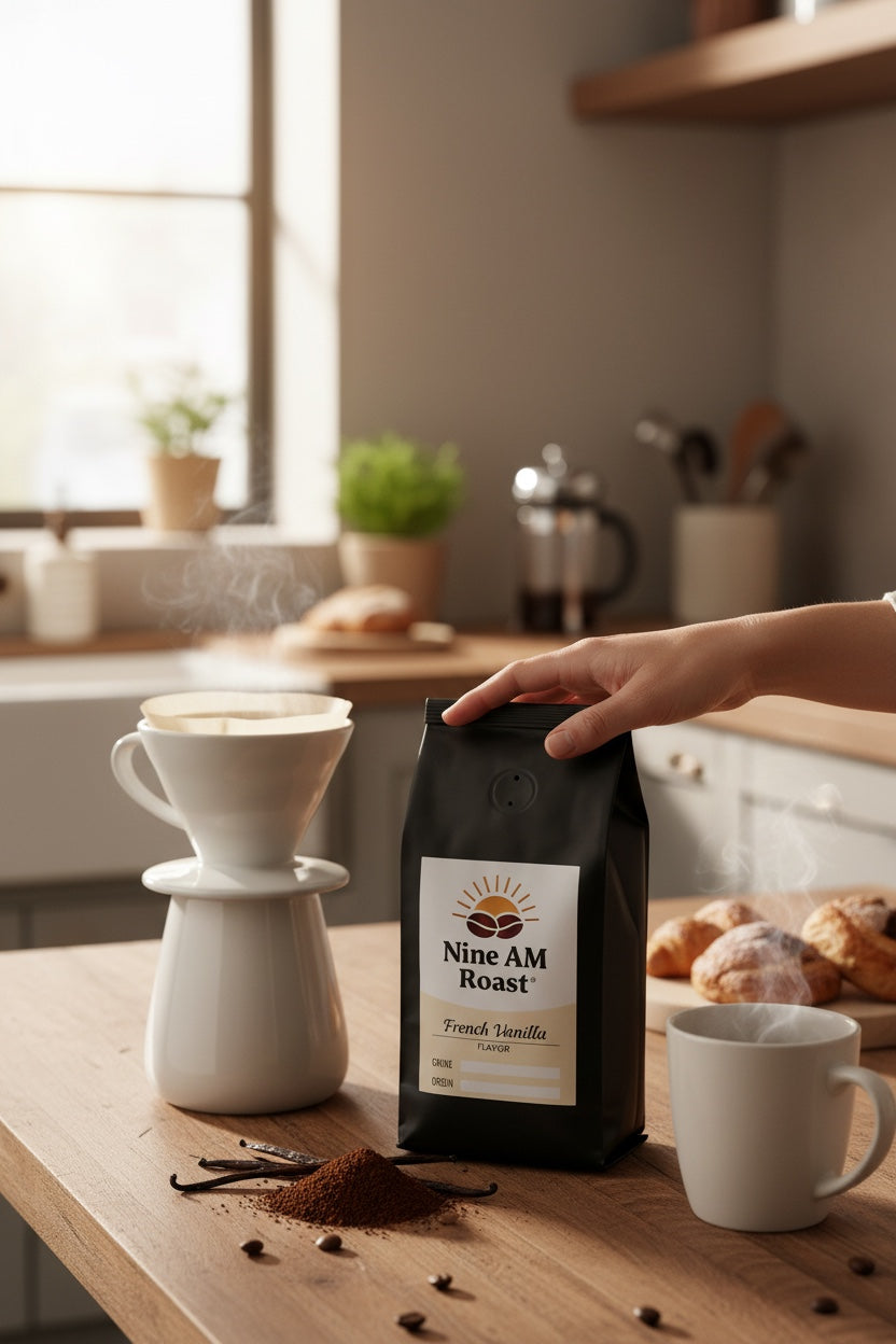NINE AM ROAST French Vanilla medium roast coffee bag surrounded by coffee beans on a wooden surface.